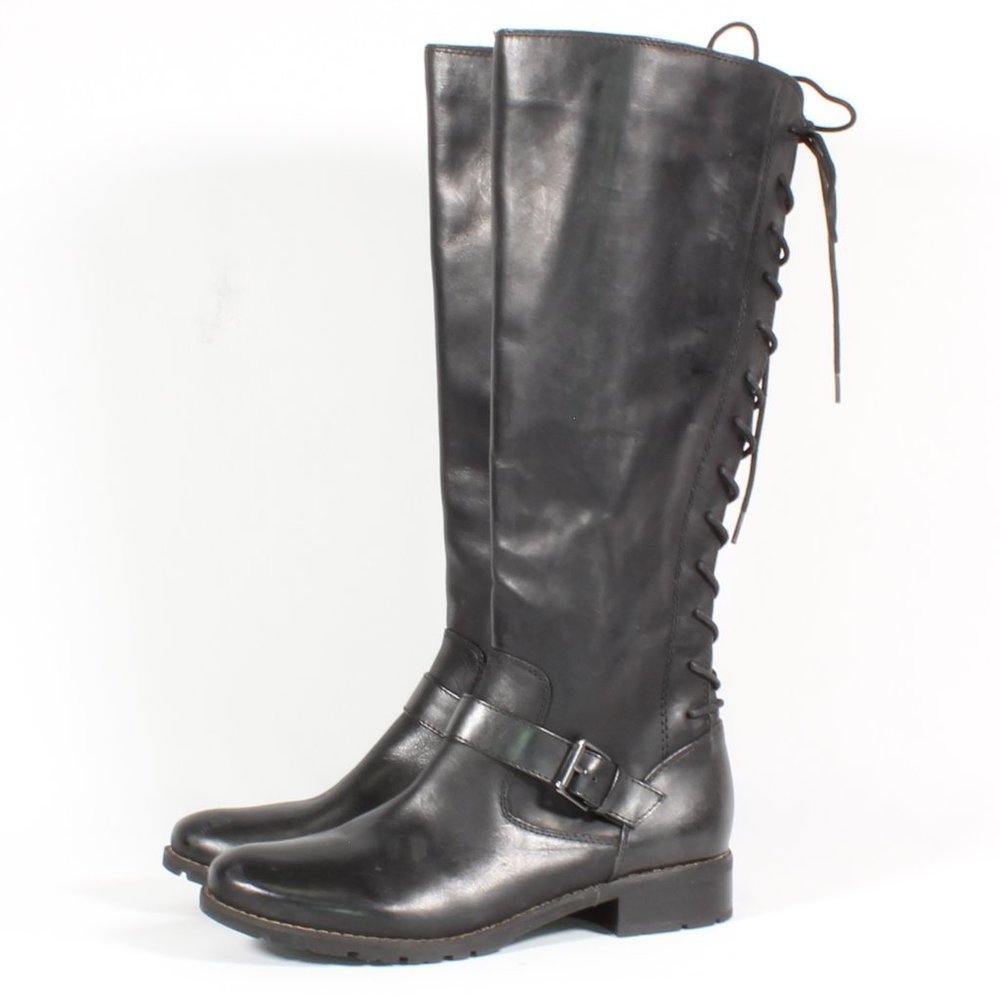 Sofft Kristie Leather Tall Black Tie Up Heel Boots